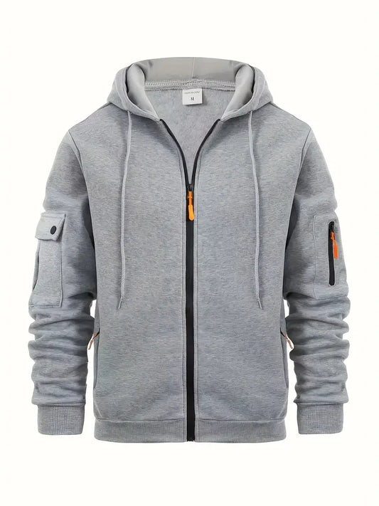 Men's Zip-Up Hoodie with Utility Pockets and Drawstring Hood