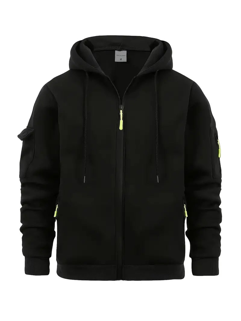 Men's Zip-Up Hoodie with Utility Pockets and Drawstring Hood