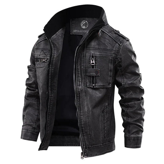 Men's Leather Jacket with Stand Collar and Zippered Chest Pocket